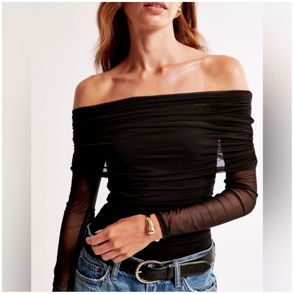 Abercrombie Fitch Womens Long Sleeve Mesh Foldover Bodysuit Black XL Y2K
